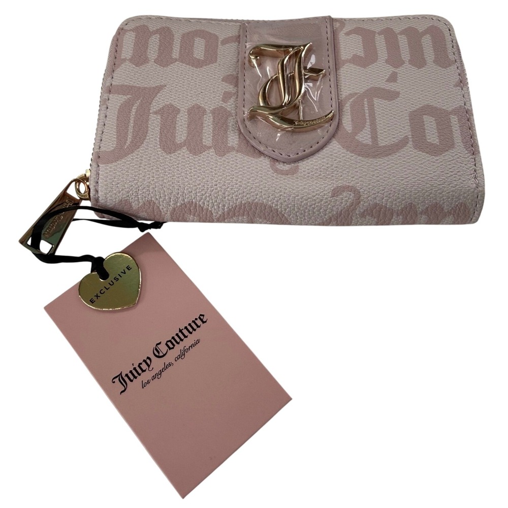 Juicy Couture Overstated Pink Gothic Logo Zip Around Wallet Heart Charm NWT